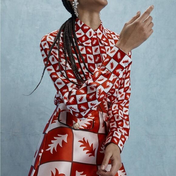 NWOT Lisou Bailey Long Sleeve Fern Print Silk Blouse in Red Multi $355 RARE Sz 4 - Picture 3 of 16